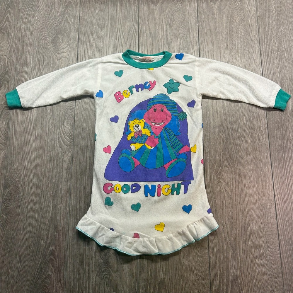 Vintage Barney Good Night Nightgown Kids Long Sleeve Ruffle Hem Fleece White 90s